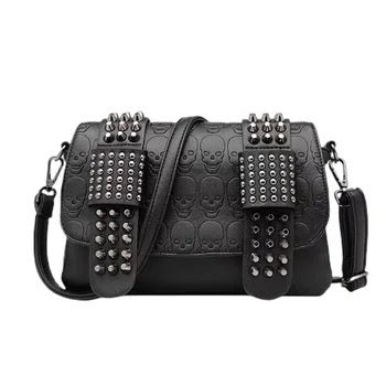 Black Faux Leather Skull Studded Cross Body Satchel Bag
