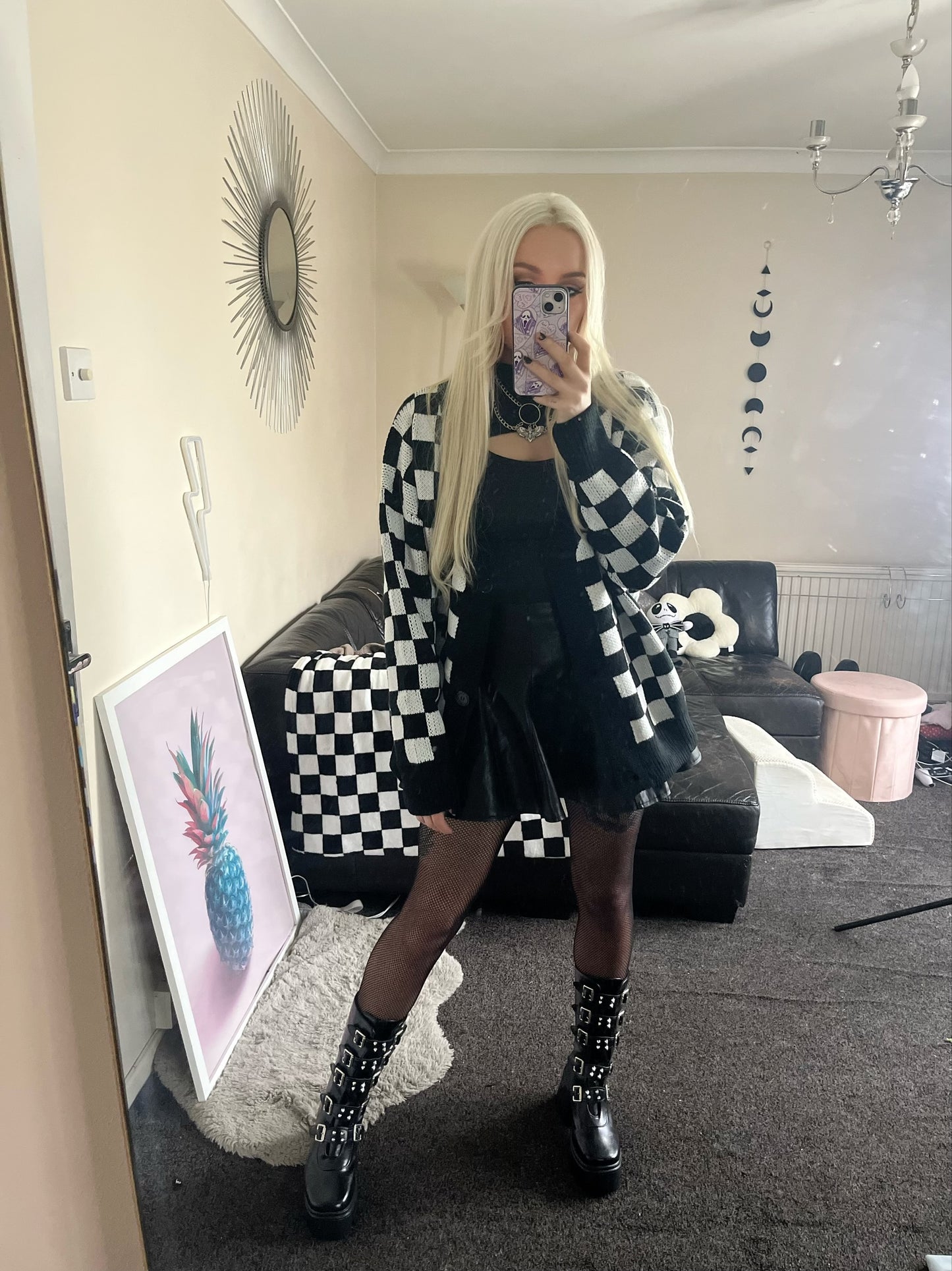 Black And White Checkerboard Knitted Oversized Cardigan