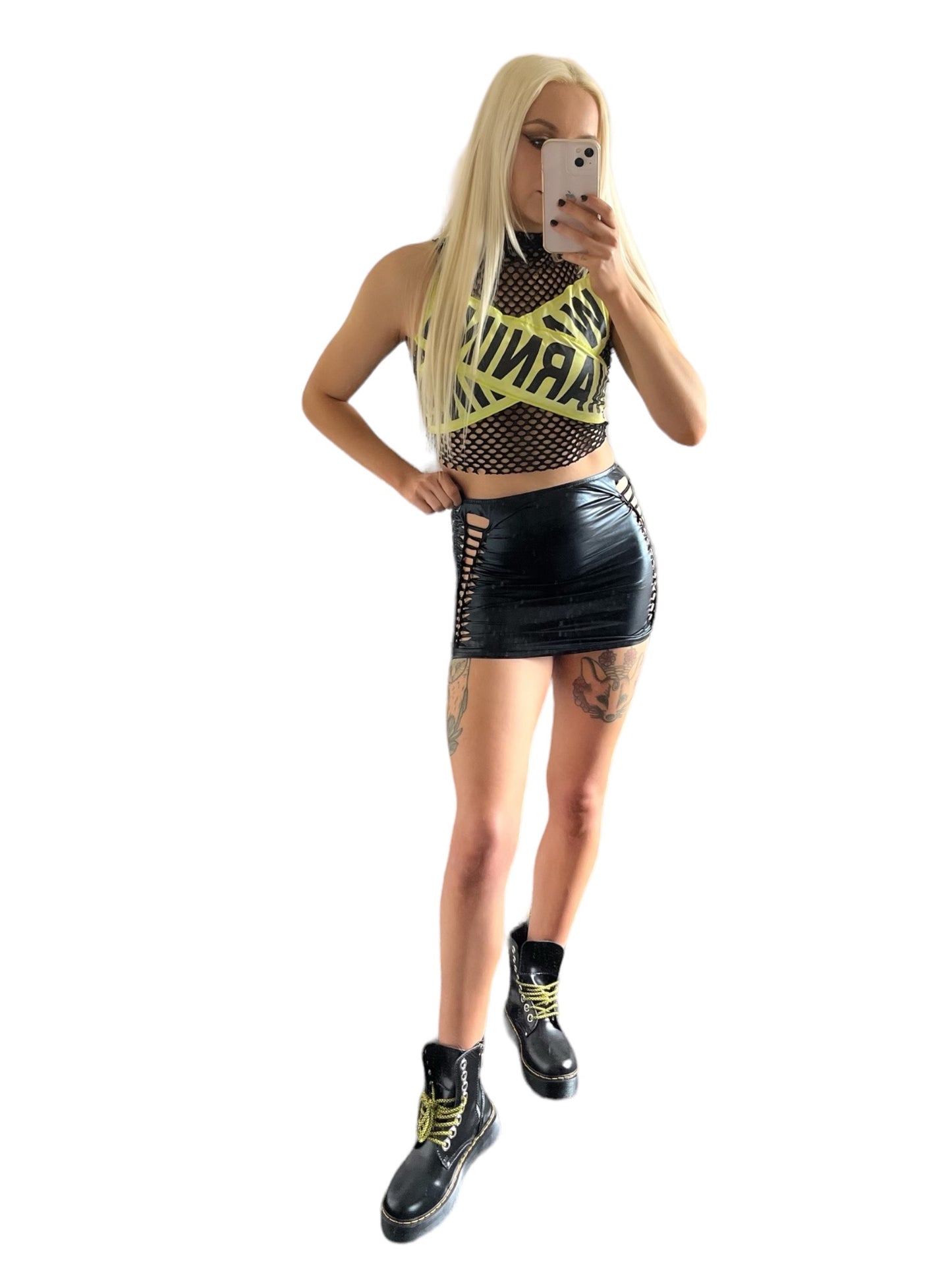 Black Metallic Faux Leather Cut Out Mini Skirt