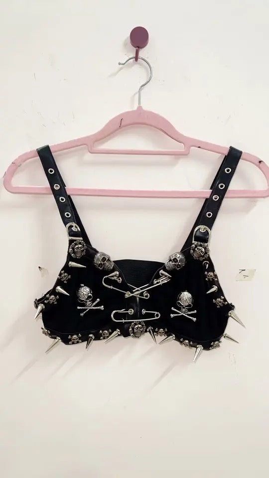 Black Punk Spike Studded Skull Crop Top