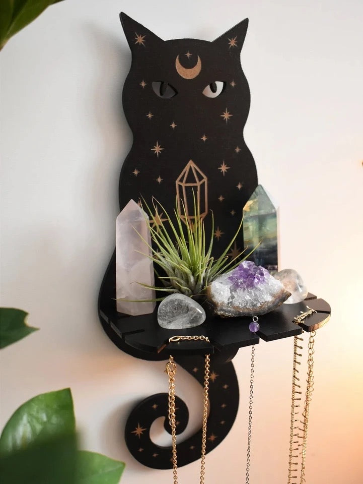 Black Gothic Mystic Cat Small Wall Shelf Gallery Wall