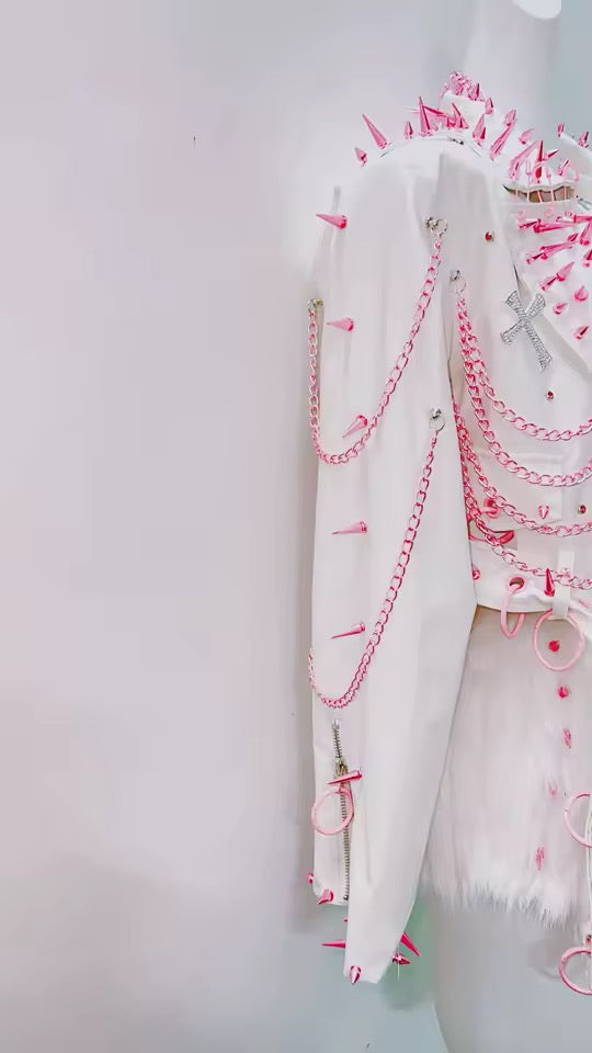 White Faux Leather Pink Spike Studded Kawaii Punk Jacket