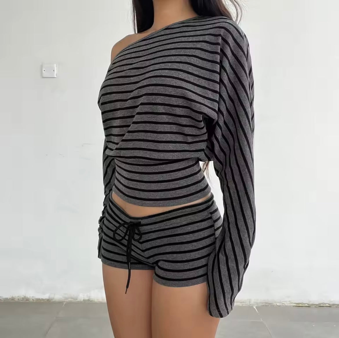 Grey And Black Striped Slouch Top And Shorts Loungewear Set