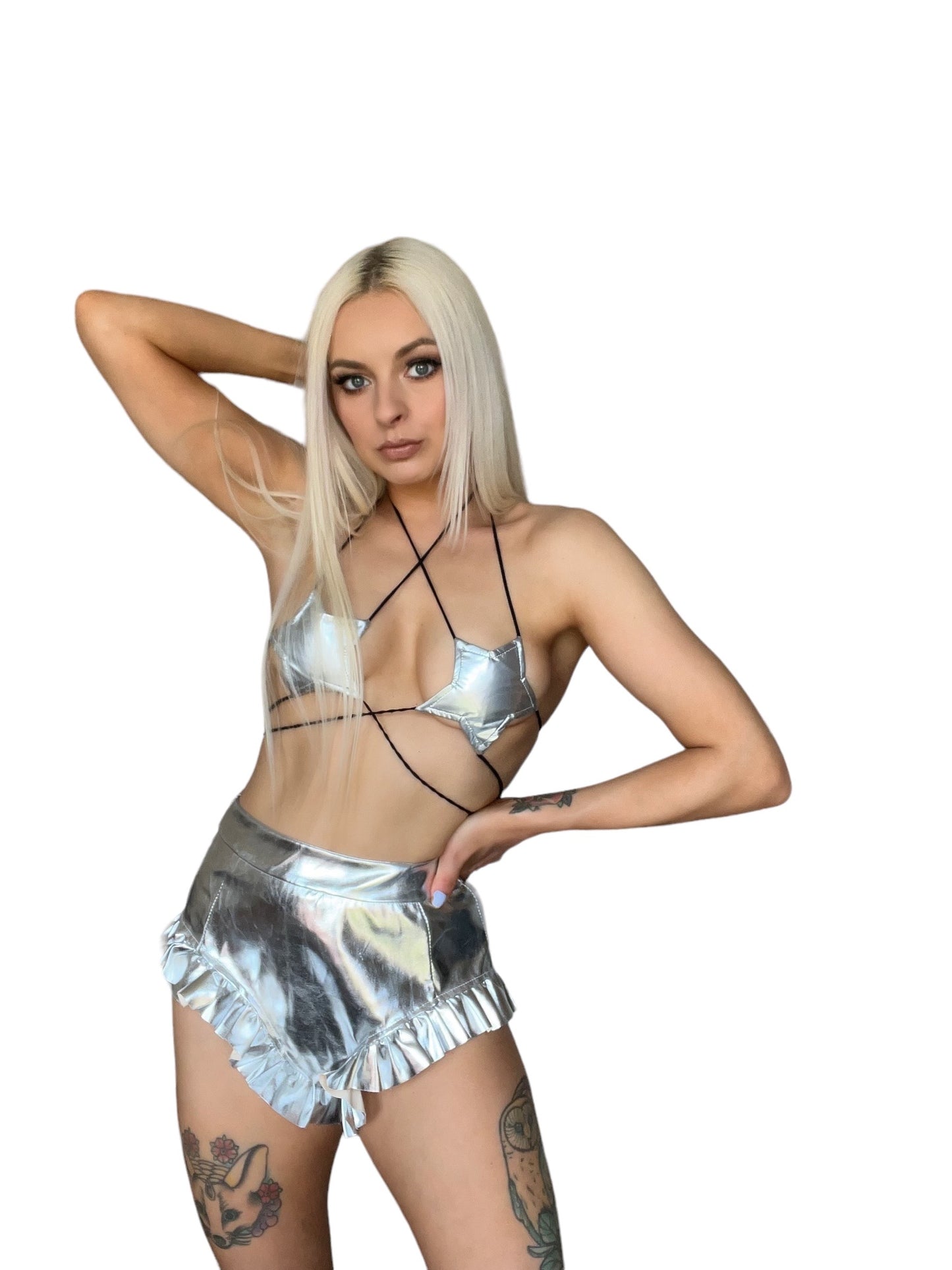 Silver Metallic Faux Leather High Waisted Ruffle Booty Shorts