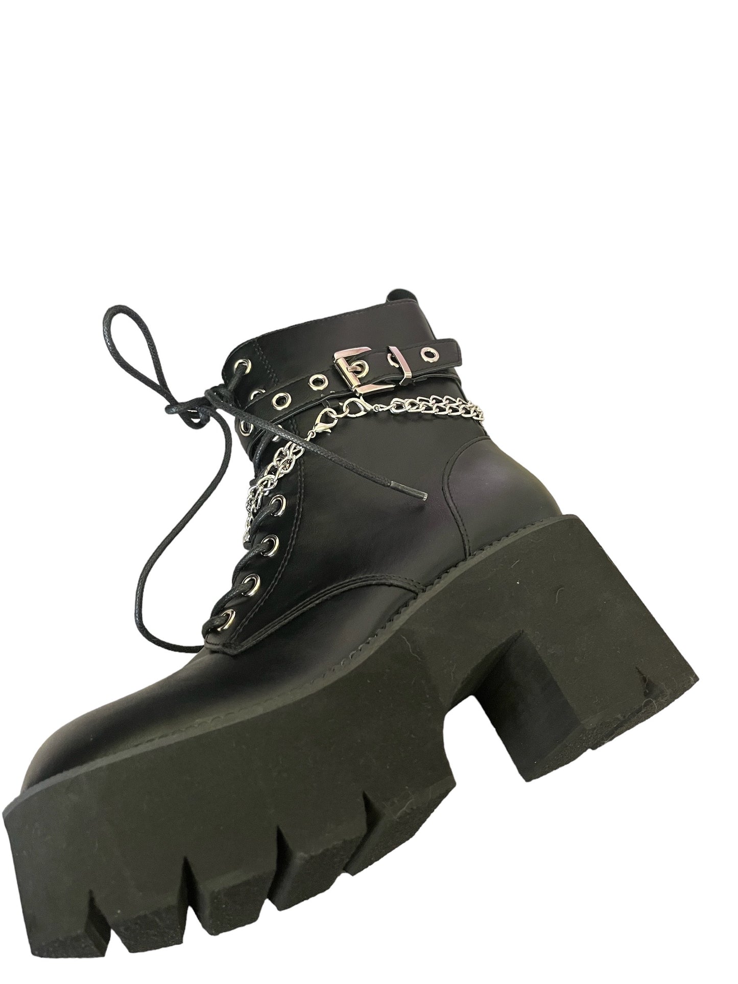 Black Faux Leather Platform Chain Heel Boots