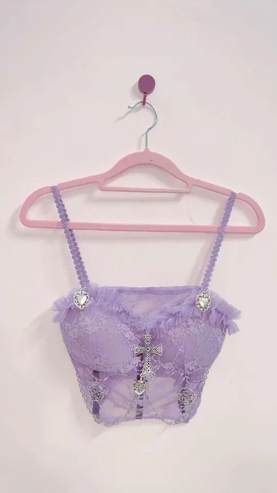 Purple Gothic Lace Bustier Crop Top