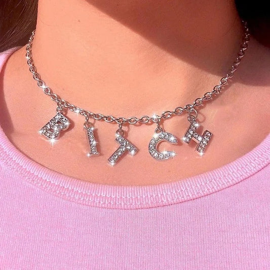 Silver Bitch Pendant Diamanté Choker Y2k Necklace