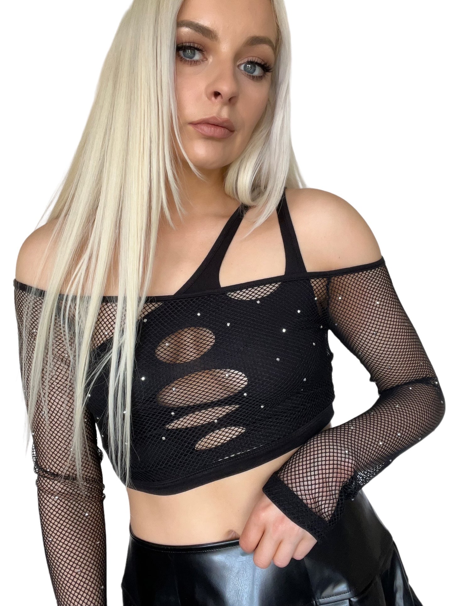 Black 2 Piece Rhinestone Fishnet Crop Top Techno Set