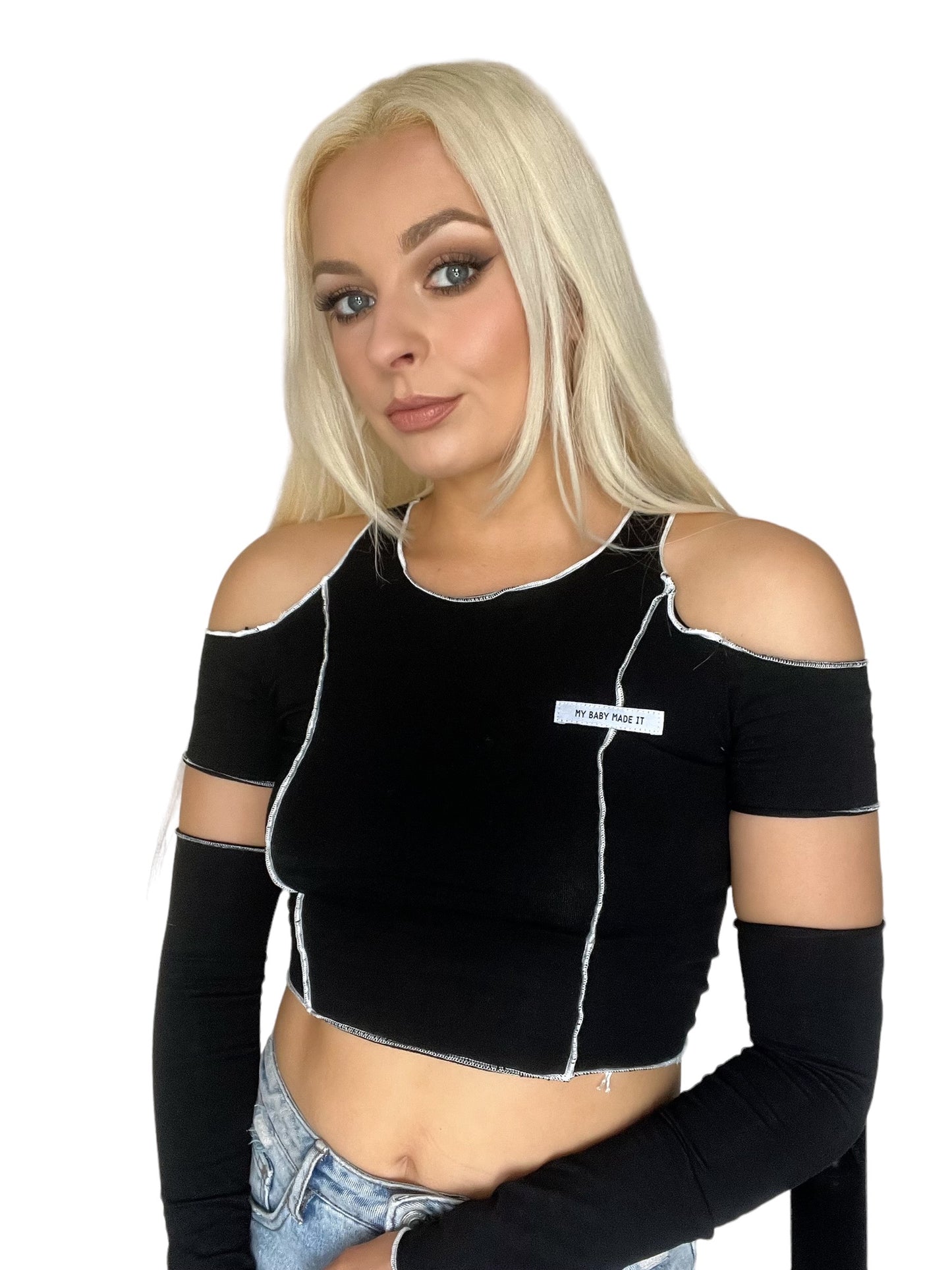 Black Cold Shoulder Crop Top With Arm Sleeves