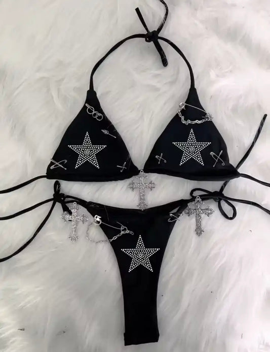 Black Star Rhinestone Punk Chain 2 Piece Bikini Set