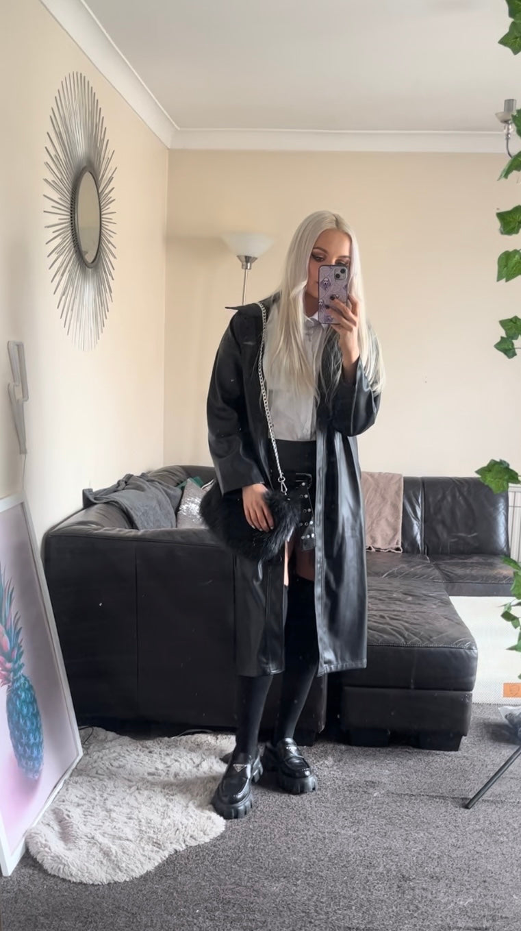 Black Faux Leather Winter Long Punk Coat