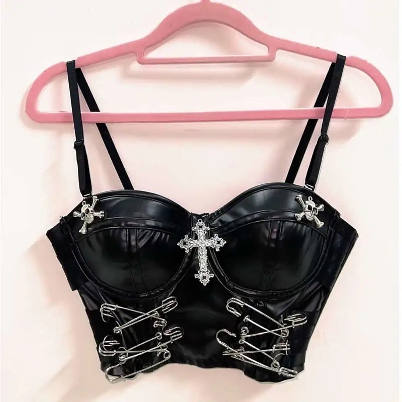 Black Faux Leather Punk Charm Corset Crop Top