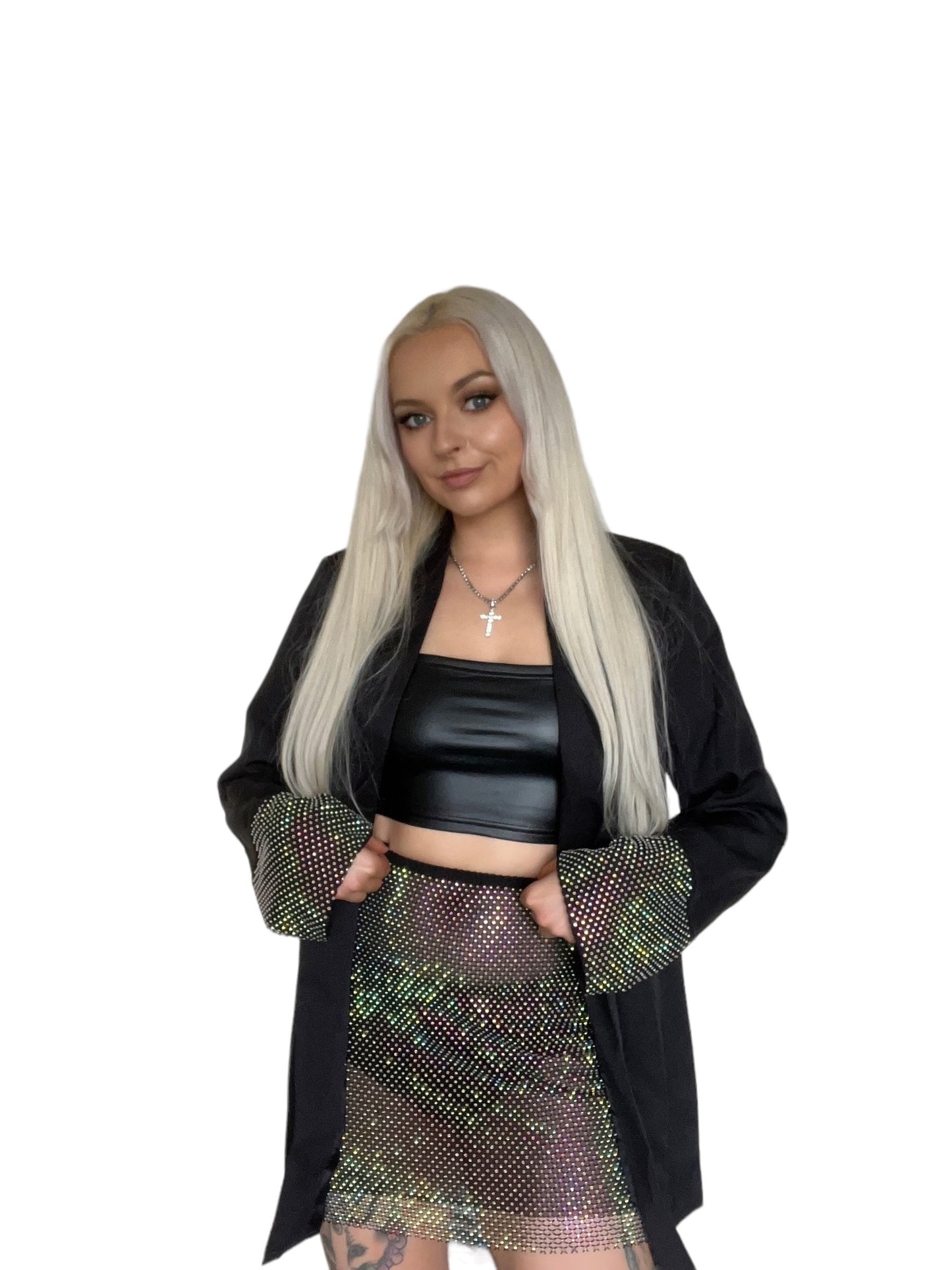 Black 2 Piece Fishnet Rhinestone Blazer Suit Set