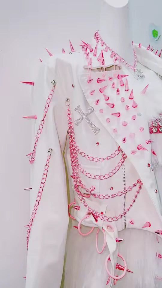 White Faux Leather Pink Spike Studded Kawaii Punk Jacket