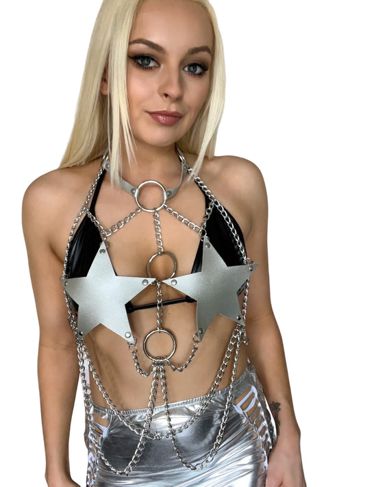 Silver Star Faux Leather Chain Body Harness