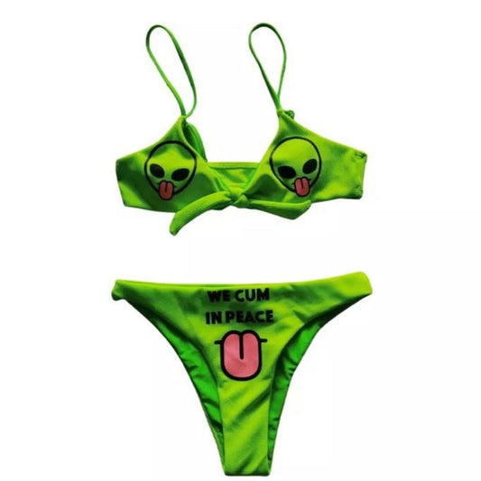 Green Alien Graphic 2 Piece Bikini Set