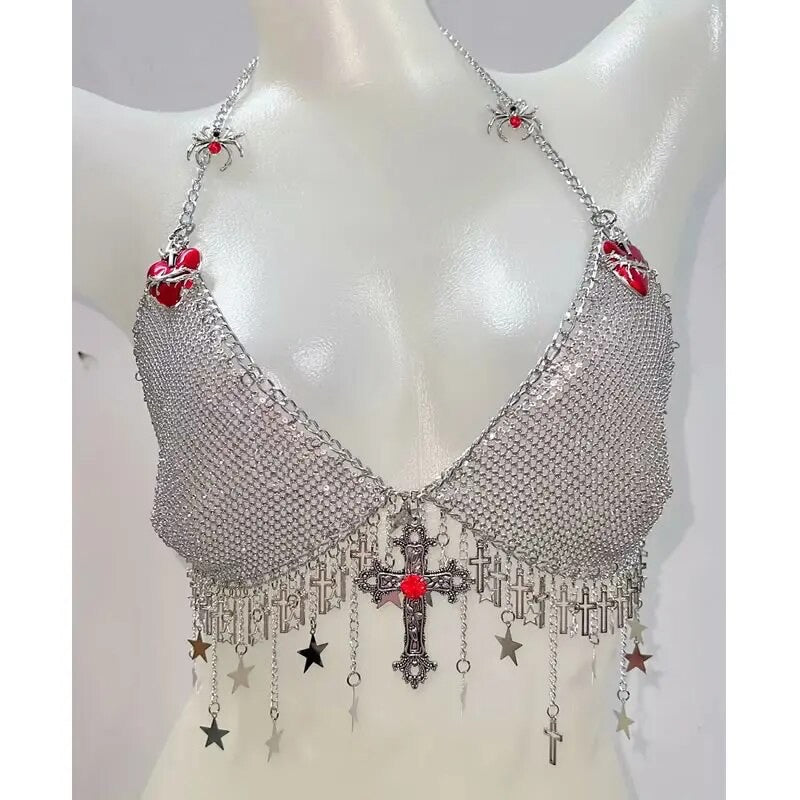 Silver Gothic Chain Tassel Bra Crop Top
