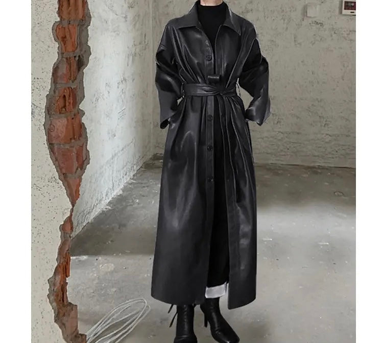 Black Faux Leather Winter Long Punk Coat