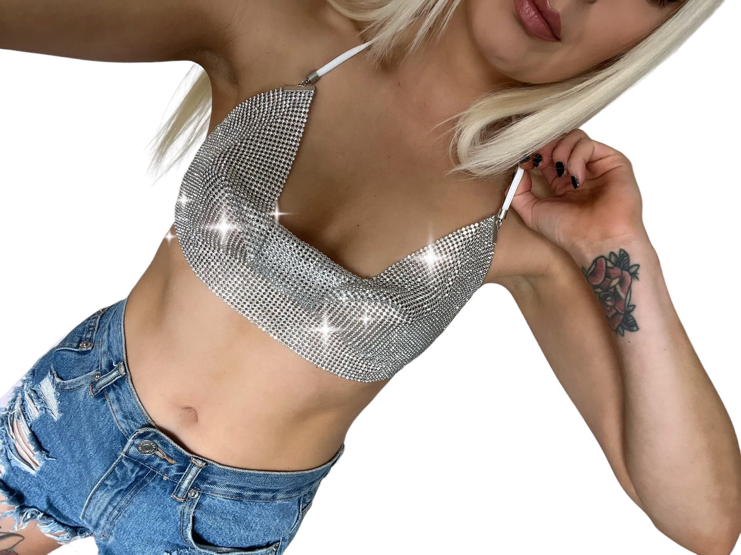 Silver Chain Rhinestone Cowl Crop Top