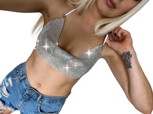 Silver Chain Rhinestone Cowl Crop Top