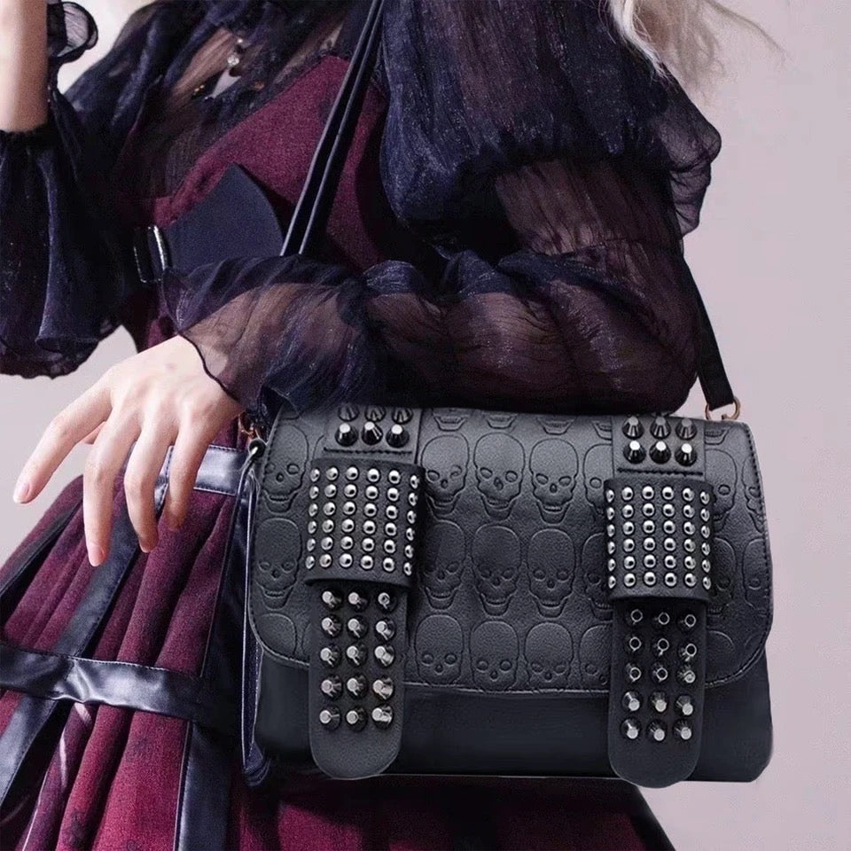 Black Faux Leather Skull Studded Cross Body Satchel Bag