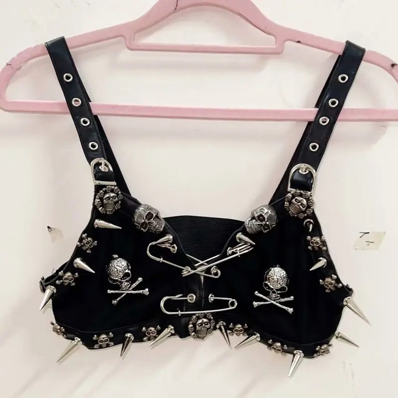 Black Punk Spike Studded Skull Crop Top