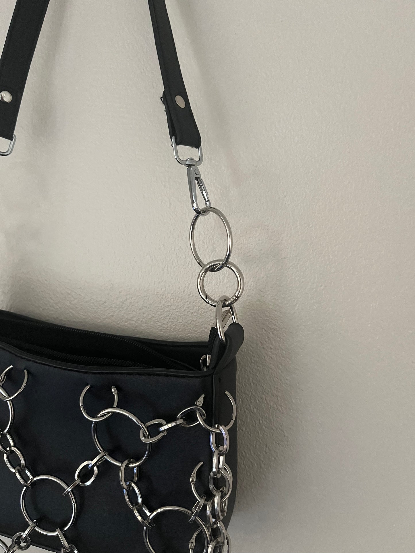 Black Faux Leather Hoop Chainmail Punk Shoulder Bag
