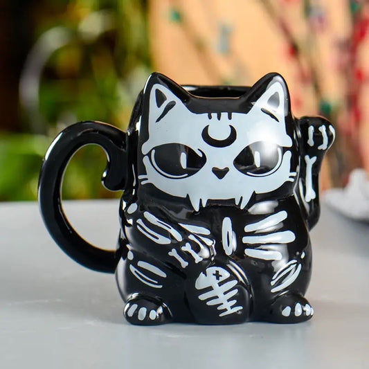 Black Gothic Skeleton Cat Shaped Ceramic Mug