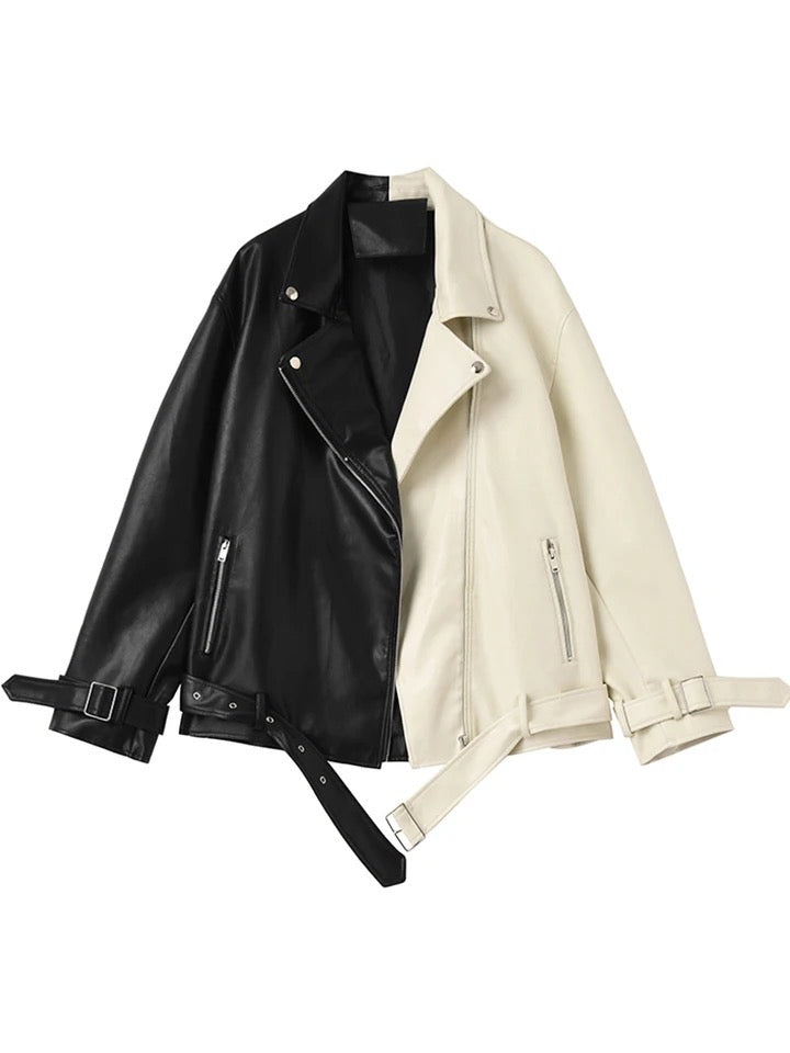 Black And Cream Cruella Faux Leather Aviator Jacket