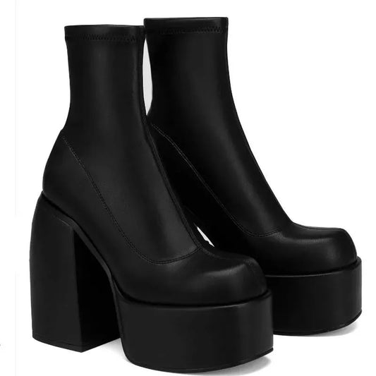 Black Faux Leather Chunky Heel Platform Ankle Boots