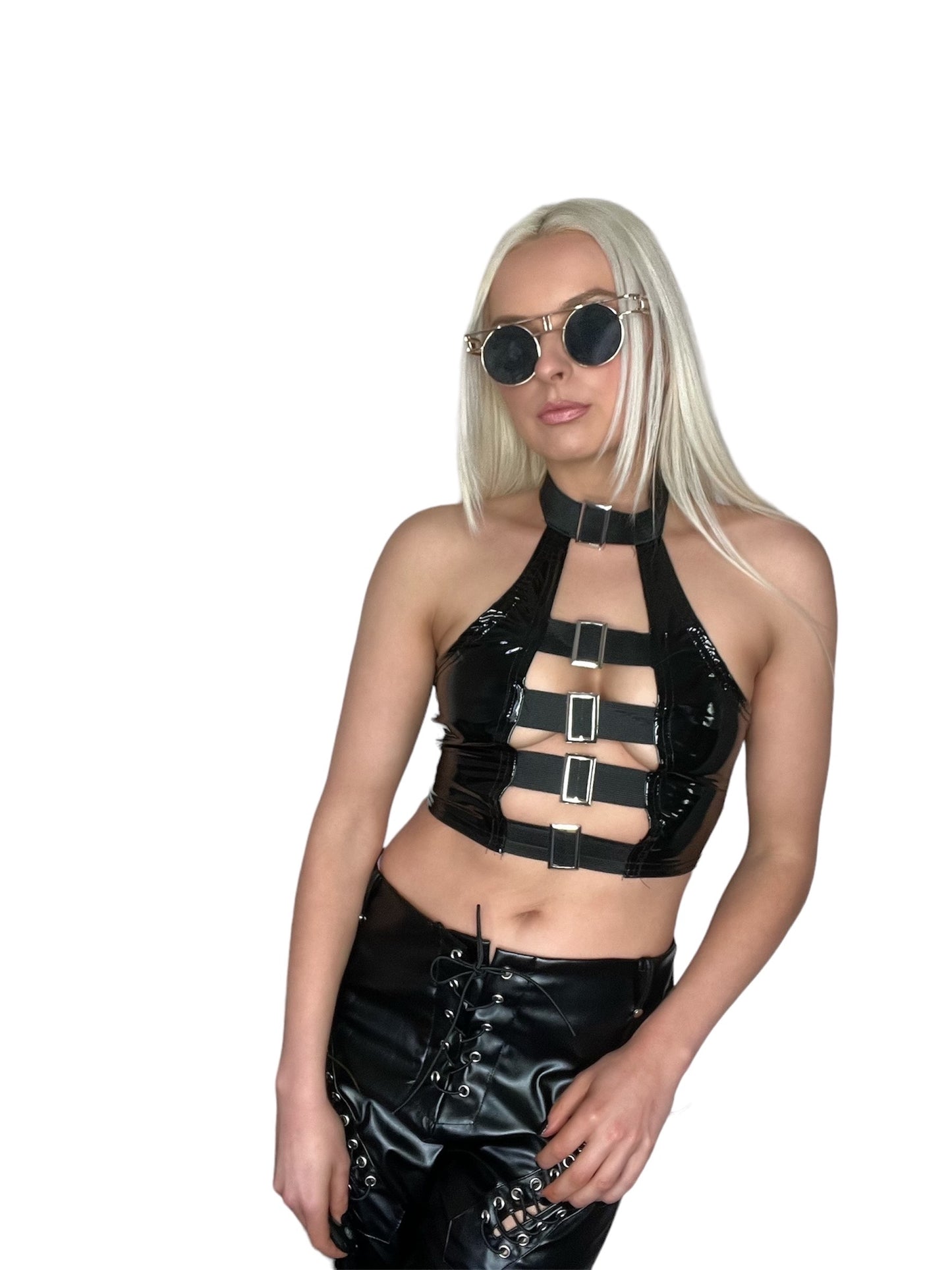 Black PVC Cut Out Buckle Techno Crop Top