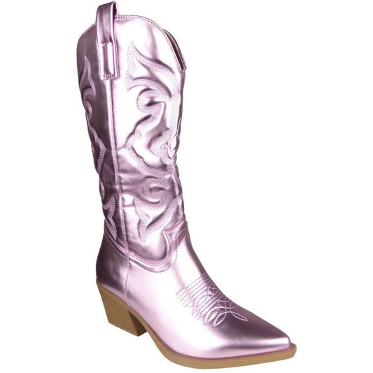 Pink Metallic Faux Leather Mid Calf Cowboy Boots