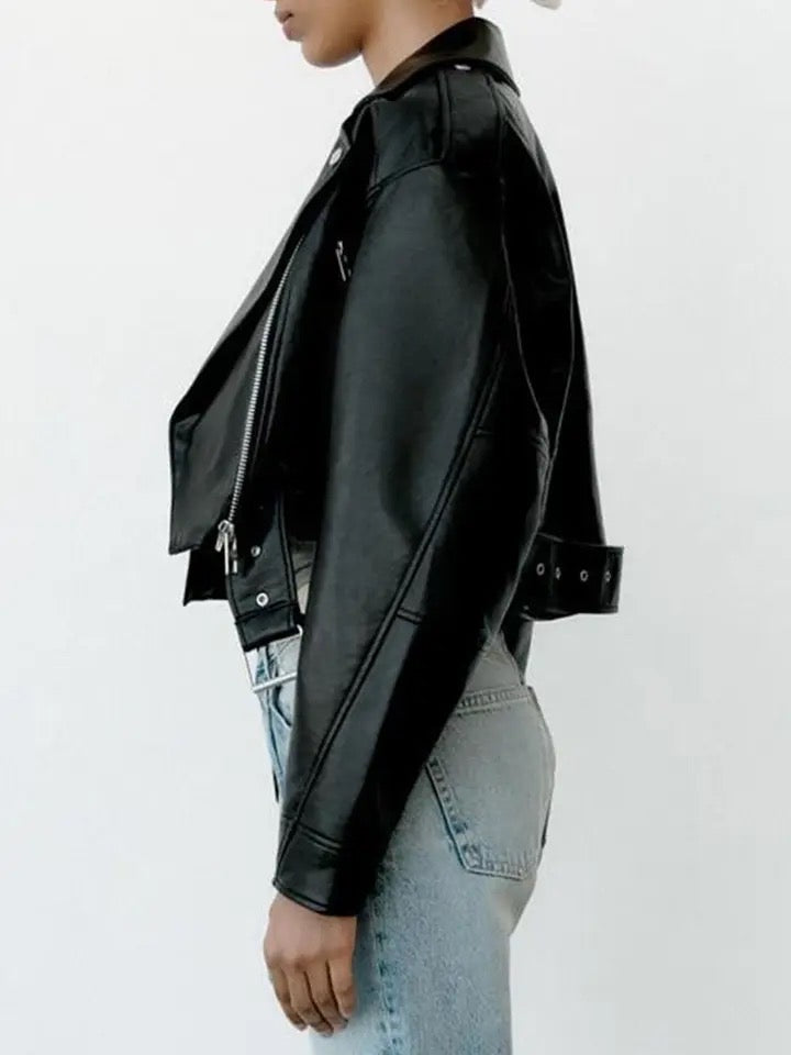 Black Faux Leather Cropped Biker Punk Jacket