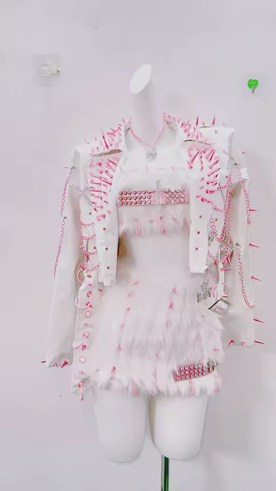 White Faux Leather Pink Spike Studded Kawaii Punk Jacket