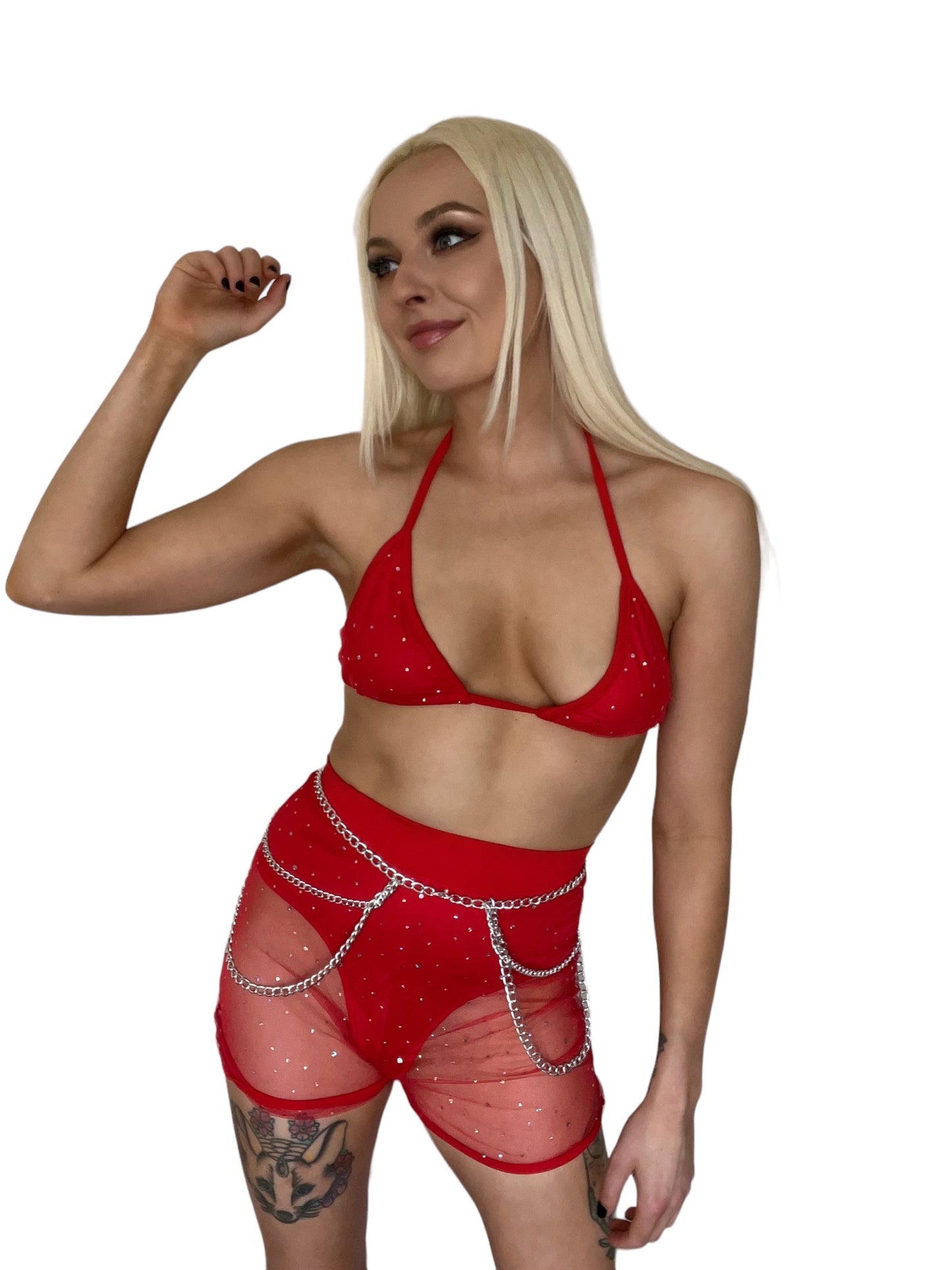Red Mesh 2 Piece Rhinestone Top Shorts Set
