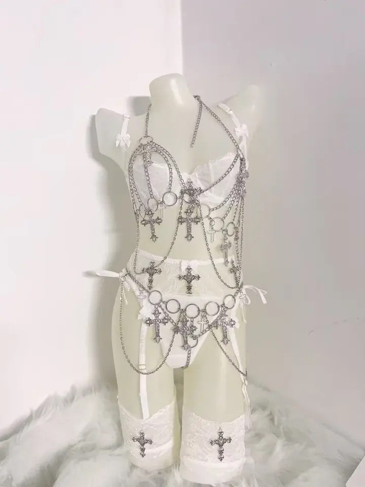 White Lace Romantic Gothic Chain 6 Piece Lingerie Set