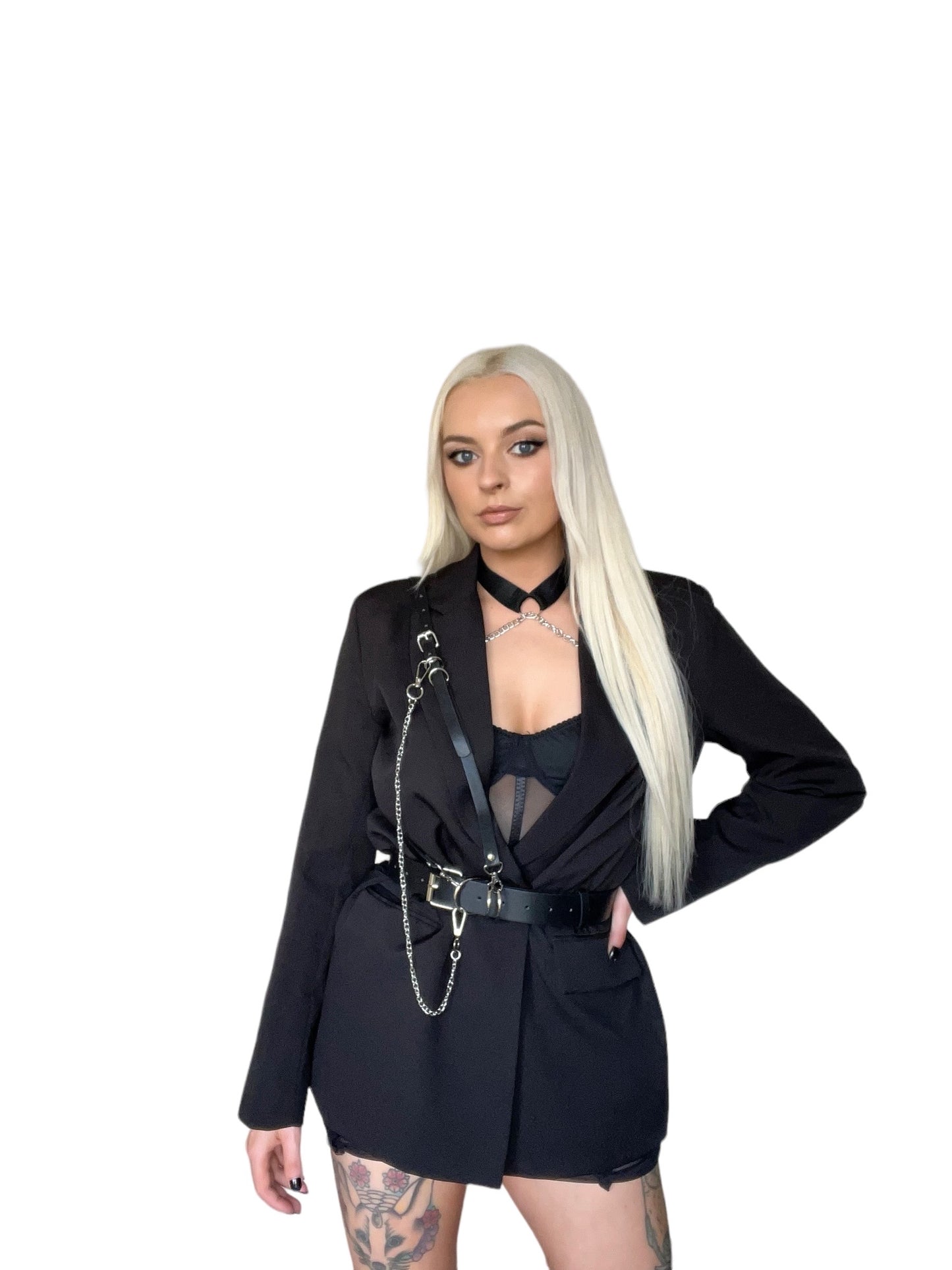 Black Faux Leather Waist Belt Chain Harness