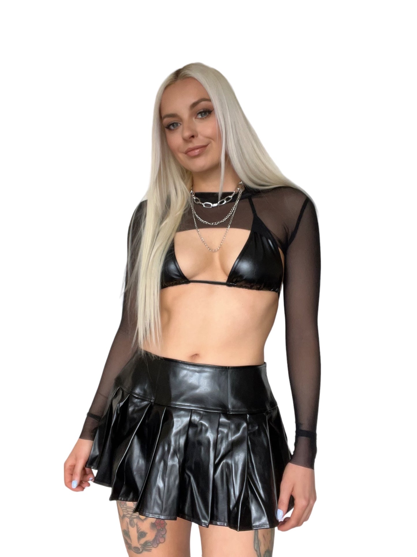 Black Faux Leather Low Rise Tennis Mini Skater Skirt