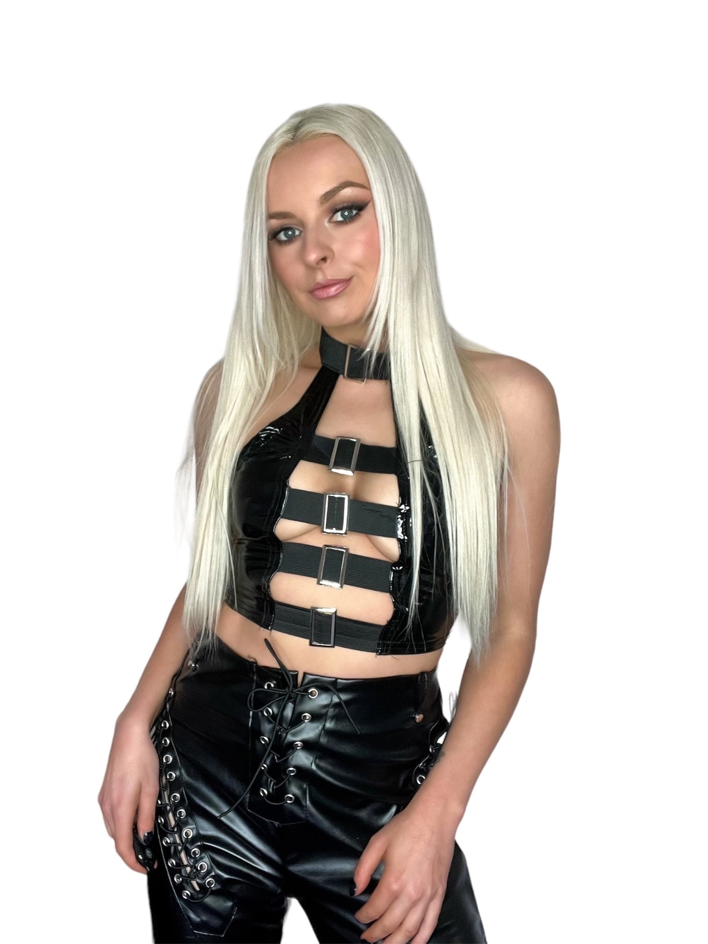 Black PVC Cut Out Buckle Techno Crop Top