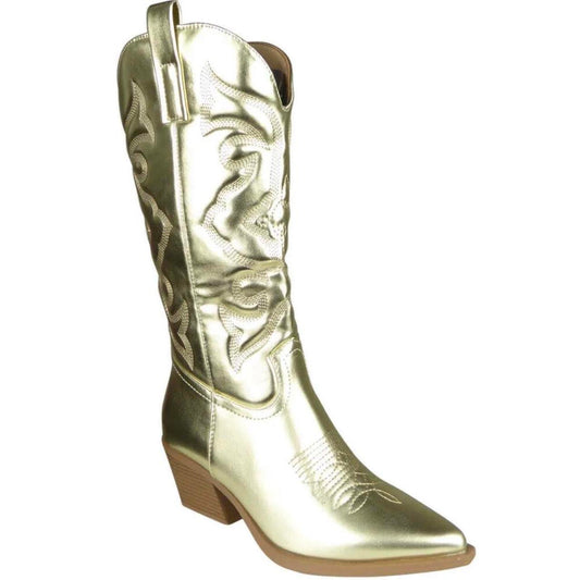 Gold Metallic Faux Leather Mid Calf Cowboy Boots