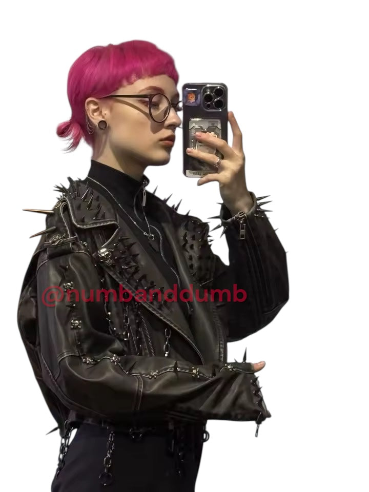 Black Leather Skull Spike Studded Punk Jacket