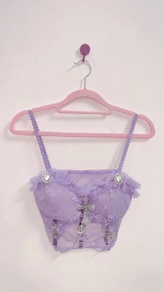 Purple Gothic Lace Bustier Crop Top