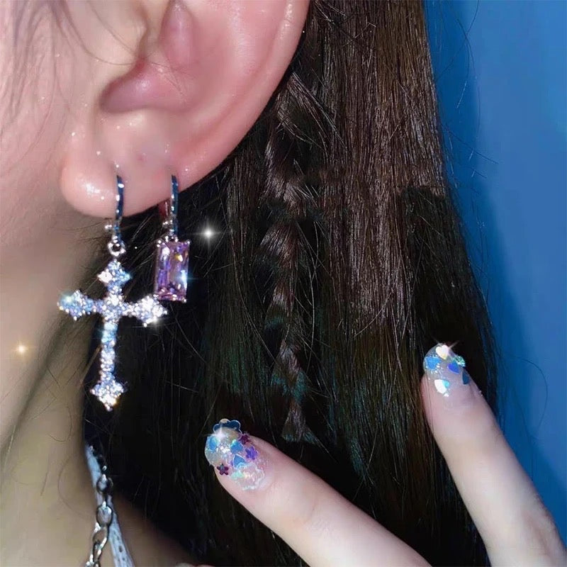 Silver Cross Iced Out Diamanté Earrings