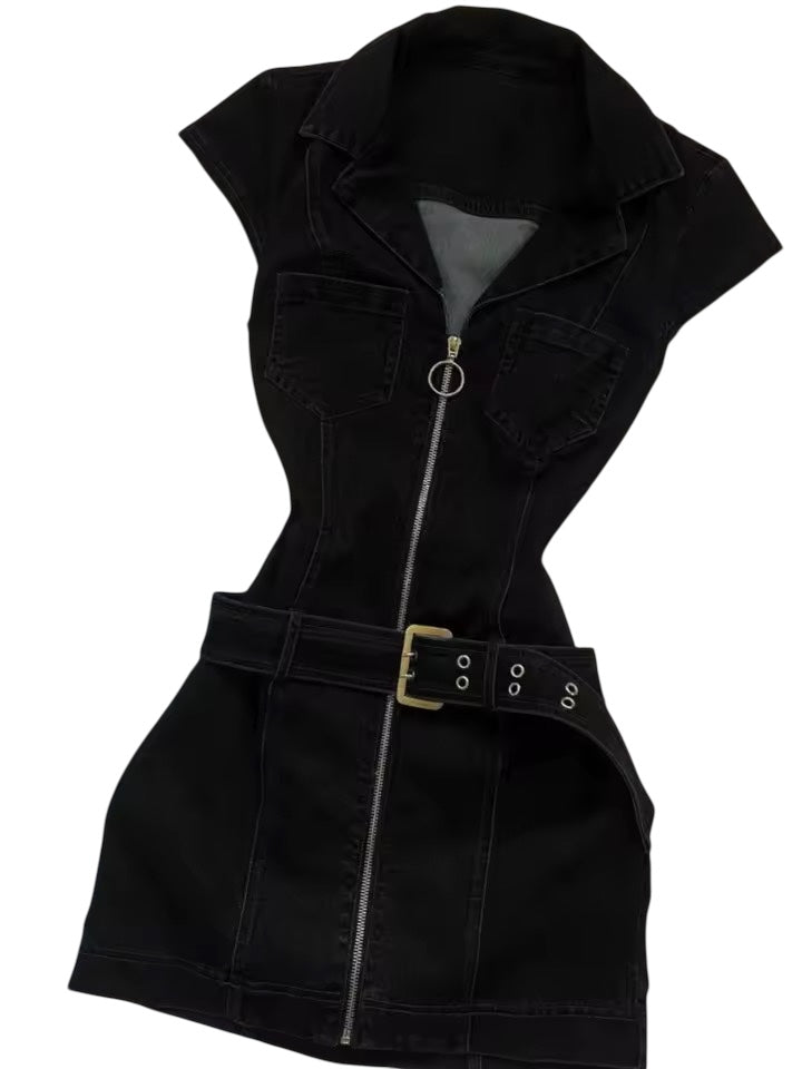 Black Denim Y2k Belt Mini Minimalist Dress