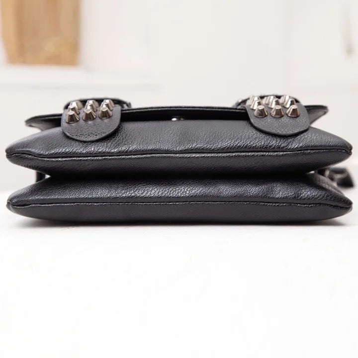 Black Faux Leather Skull Studded Cross Body Satchel Bag