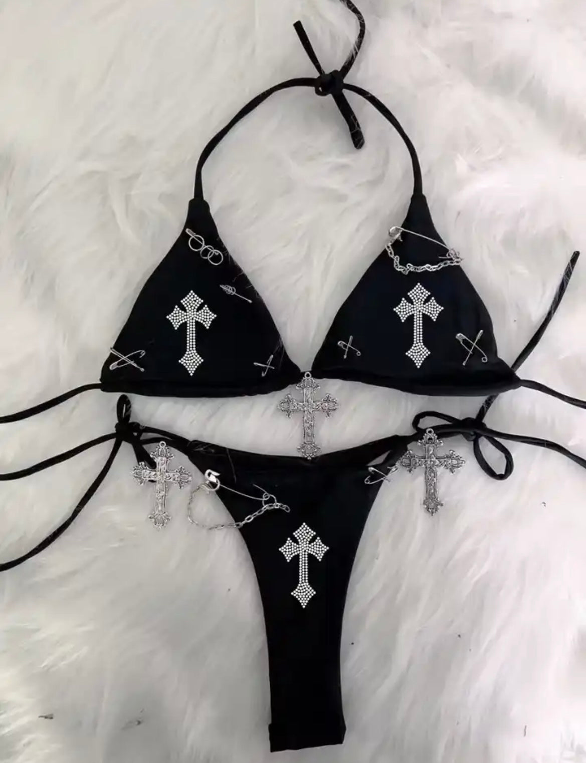 Black Cross Rhinestone Punk Chain Charm 2 Piece Bikini Set