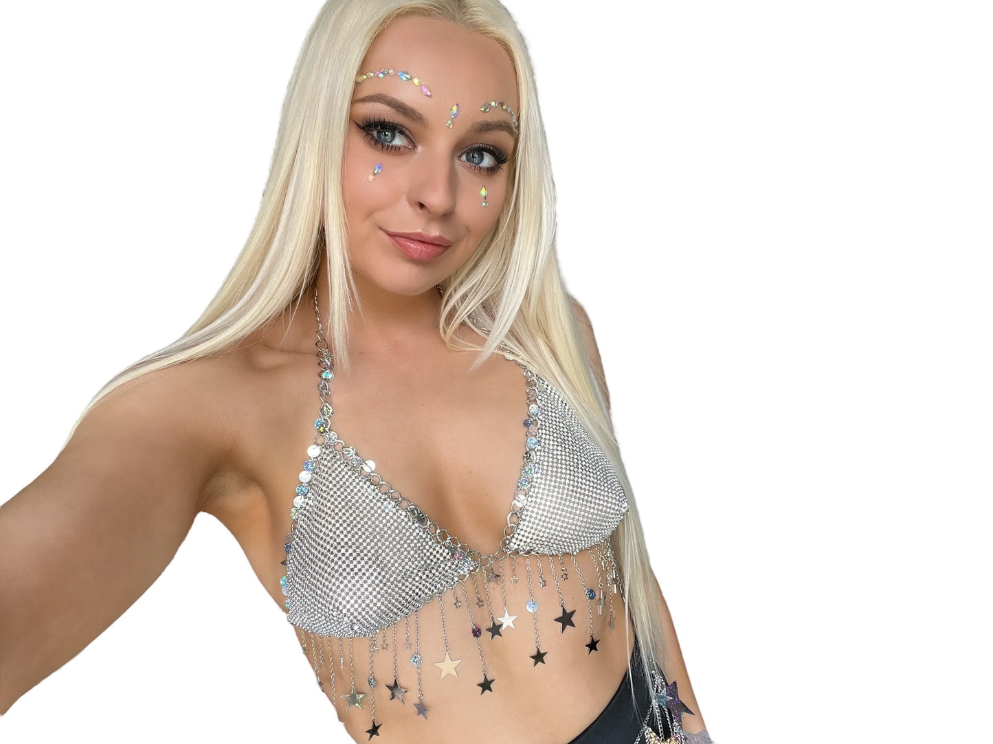 Silver Metal Chain Star Tassel Festival Bra Crop Top
