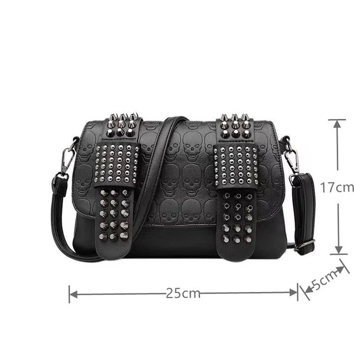 Black Faux Leather Skull Studded Cross Body Satchel Bag