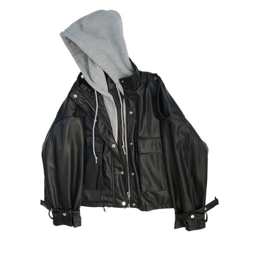 Black Faux Leather Hoodie Bomber Jacket