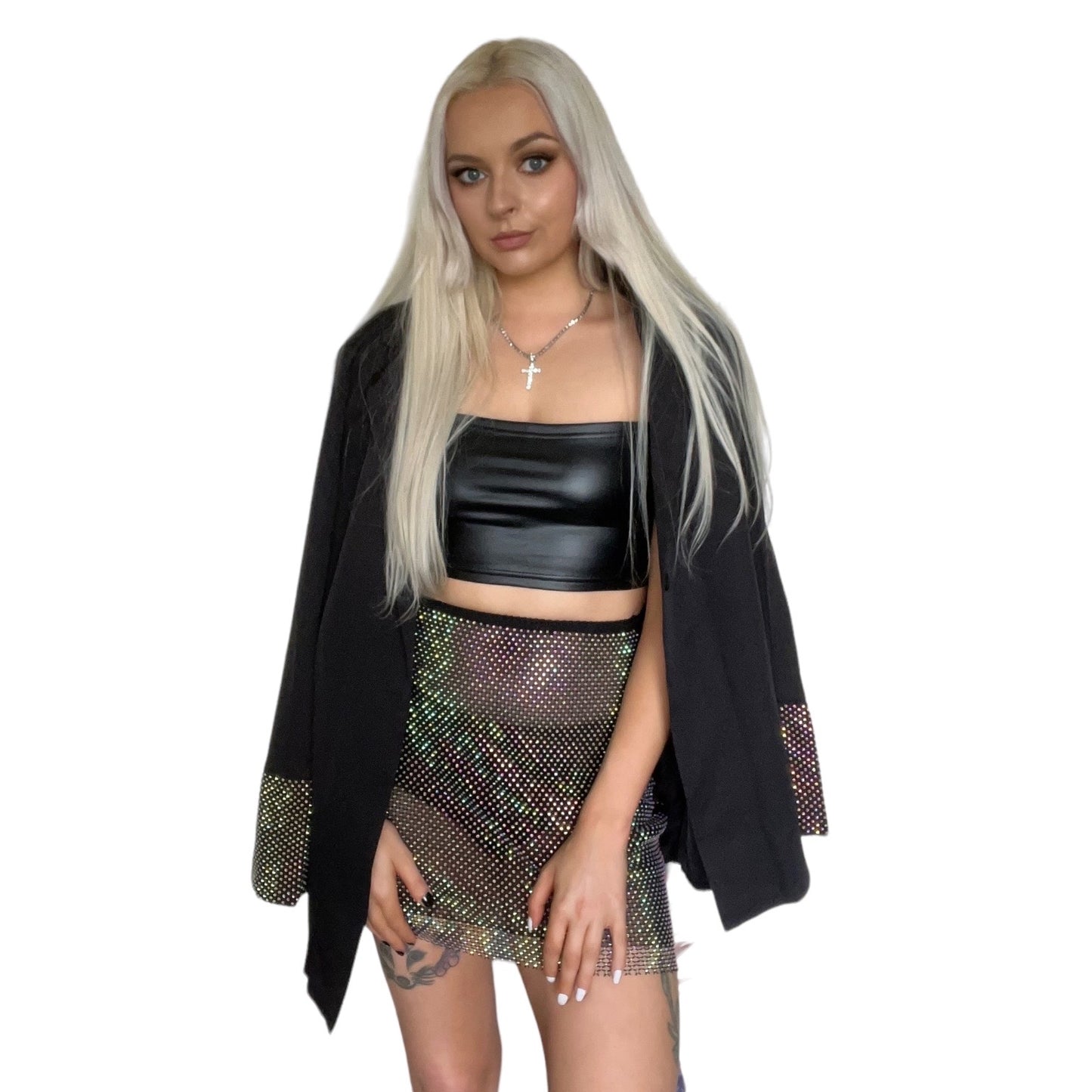 Black 2 Piece Fishnet Rhinestone Blazer Suit Set